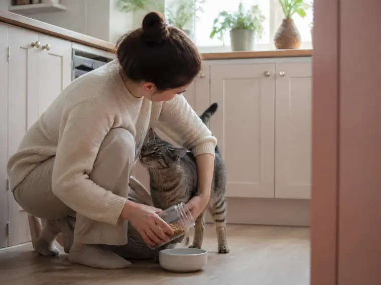 A pet sitter refills a tabby cat’s food bowl in a sunny kitchen