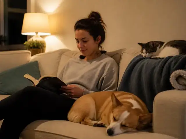 A pet sitter reads on the sofa next to a sleeping corgi and a cat