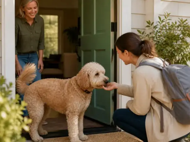 A sitter greets a friendly labradoodle at the front door while the owner smiles