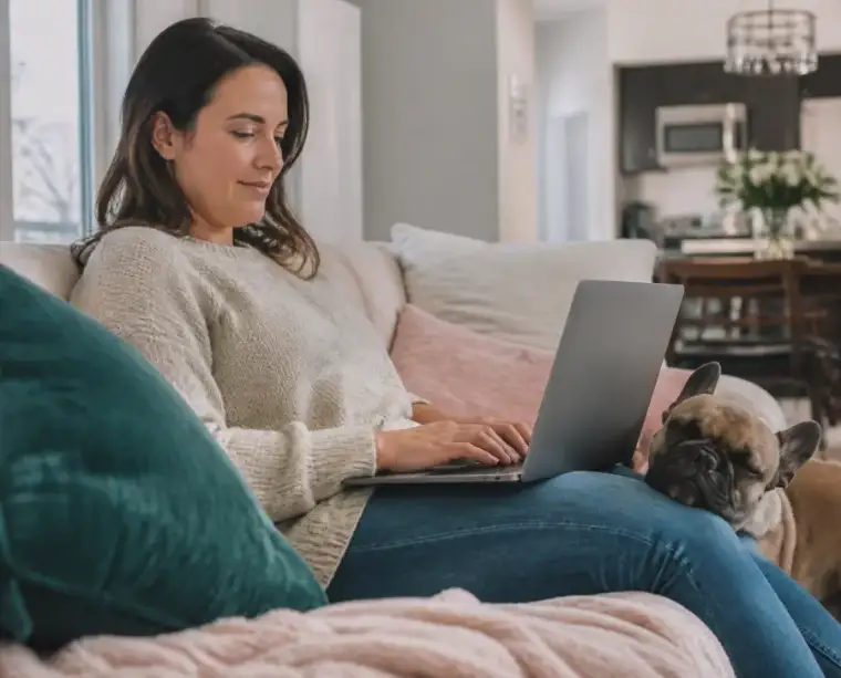 A pet owner works on her laptop with her French bulldog resting on her leg