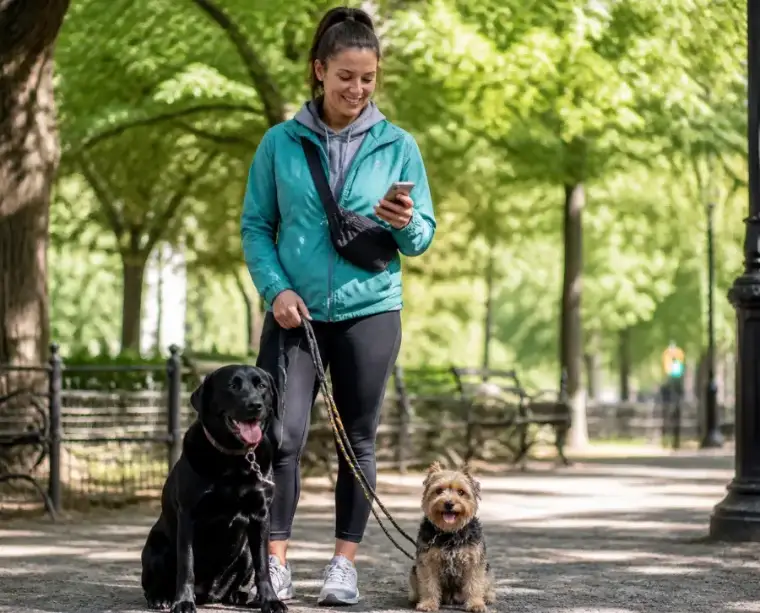 A dog walker checks her phone in the park with a black lab and a terrier