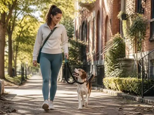 A dog walker strolls a tree-lined sidewalk with a happy beagle
